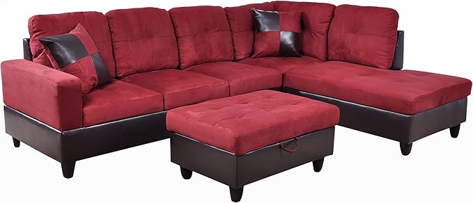 NicBex Sectional Couch 3 Pieces Sofa Set with Left Chaise Flannel PVC L Shaped Cloud Couch for Living Room Furniture Sets with Storage Ottoman, Modular Sofa for Living Room & Apartment, Red+Black