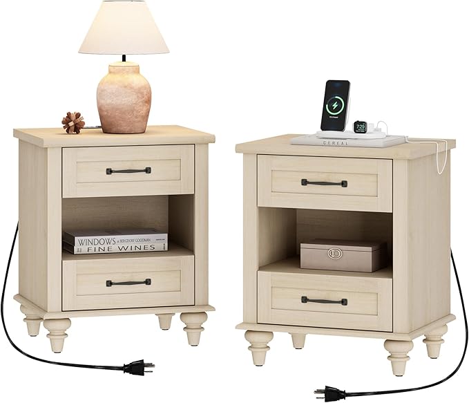 WAMPAT Set of 2 End Tables with Charging Station, 2 Drawer Nightstand for Bedroom with Storage Shelf, 2 Pack Wooden End Tables Bedside Table for Living Room, Beige
