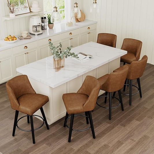 Vipbear Swivel Counter Height Bar Stools Set of 6,26.8" H Counter Stools with Back, Mid Century Modern Bar Stools for Kitchen Island,Faux Leather,Wooden Base, Brown