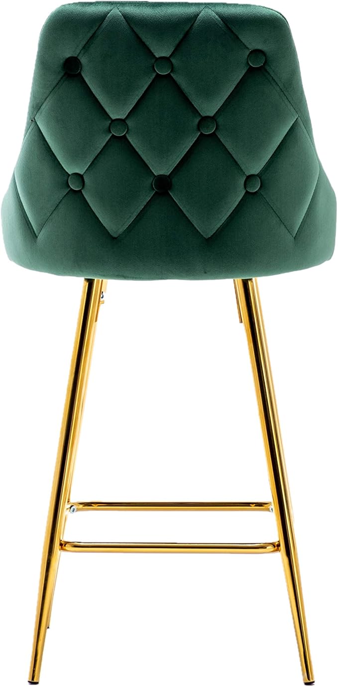 BTEXPERT Set of 2 Pack, upholstered Dining Bar Chairs Footrest High Back Counter Height Barstools Stool, Tufted Green Velvet Gold Frame 25" Modern Kitchen Island