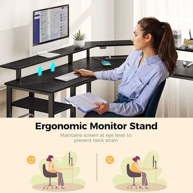 Rolanstar L Shaped Gaming Desk with LED Lights & Power Outlets, 46.2" Computer Desk with Full Monitor Stand & Storage Shelf, Corner Desk with Hooks, Black Desk Reversible