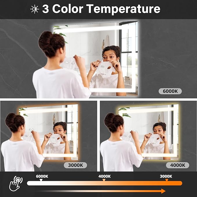 47"x 47" LED Bathroom Mirror, Backlit + Front Lit, LED Bathroom Mirror with Lights for Wall, 3 Colors, Anti-Fog, Dimmable Brightness, Memory Function, Tempered Glass