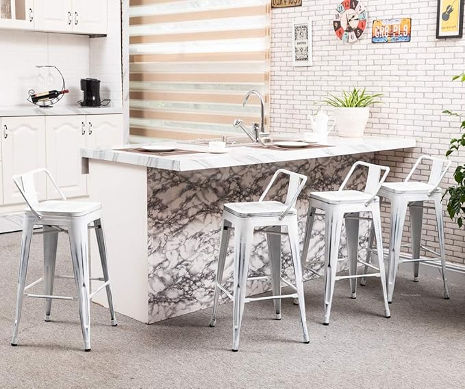 Yongchuang Industrial Metal Barstools Set of 4 Counter Height Bar Stools with Back (24" Seat Height Wooden Top Low Back, Distressed White)
