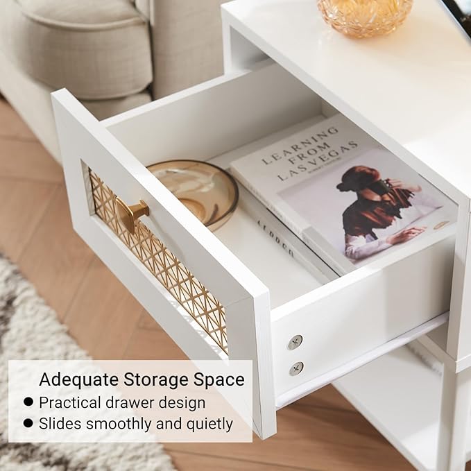 Modern Style Side Table, End Table with Drawer and Shelf for Living Room, Square Wooden Small Nightstand, White