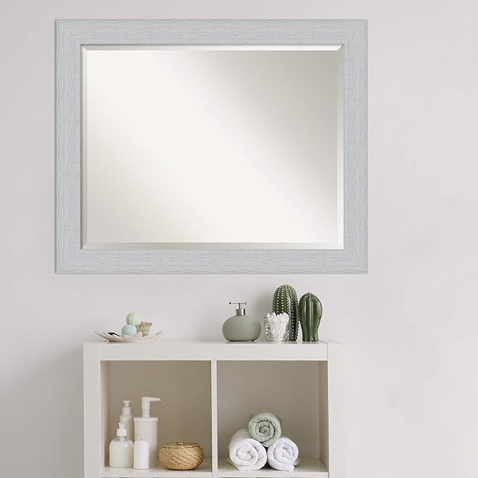 Amanti Art White Bathroom Mirror for Over Sink, 26x32 Shiplap White Rectangle Vanity Mirror, Large Coastal Wood Frame, Hangs Horizonally and Vertically, Bathroom Wall Decor, Beveled Edge from WI, USA