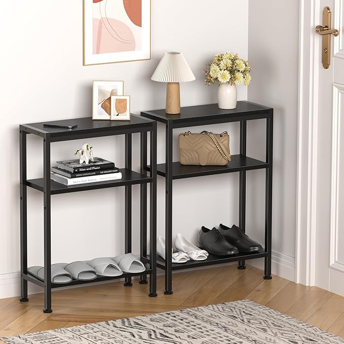 Narrow Side Table for Small Space, 3-Tier Small End Table with Shelf Holder, Slim Nightstand, Skinny Snack Couch Table in Living Room, Bedroom, Study, Kitchen and Balcony（Black