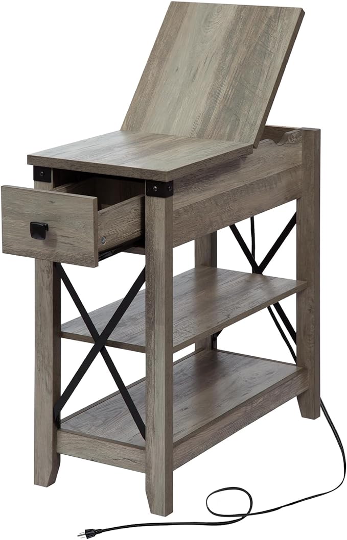 Narrow End Table with Charging Station Farmhouse Slim Side Table with USB Ports and Power Outlets, Nightstand with Flip Top and Storage Drawer, for Small Spaces Living Room Bedroom, Gray