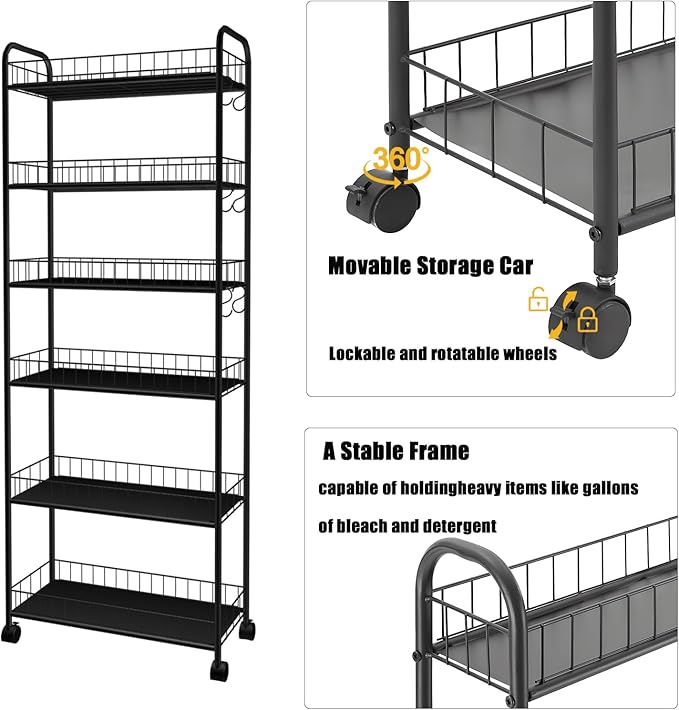 6-Tier Slim Storage Cart with Wheels,10in Wide Black Narrow Rolling Shelf,Sturdy Slim Storage Ideal for Kitchen, Bathroom, and Laundry Room