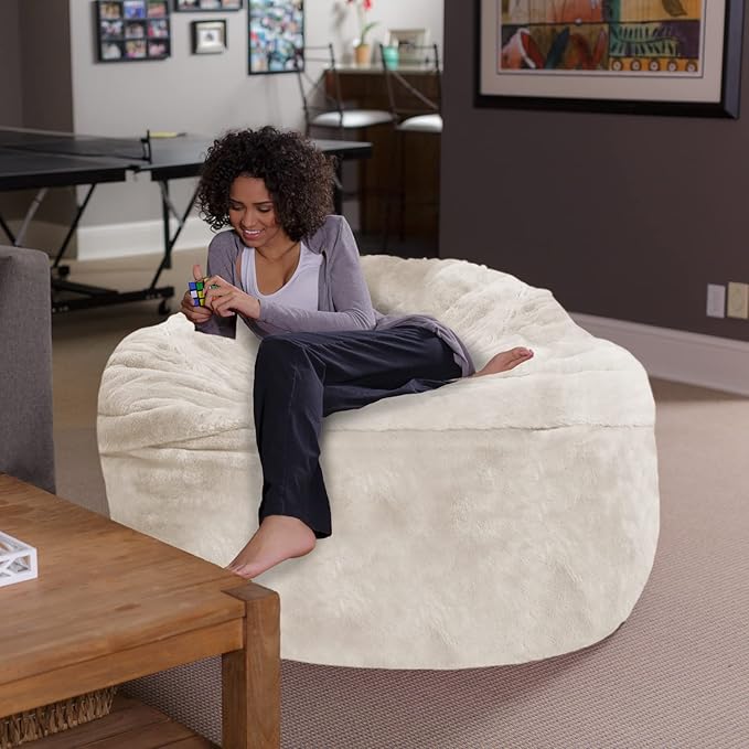 Sofa Sack Bean Bag Chair - Plush, Ultra Soft - Memory Foam Bean Bag Chair with Faux Rabbit Fur Cover - Stuffed Foam Filled Furniture and Accessories for Dorm Room 5 Feet - Cream