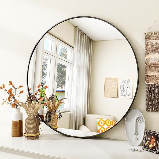 Black Round Bathroom Mirror, 30 inch Circle Wall Mounted Hanging Mirror with Simple Modern Circular Metal Frame for Hallway, Entryway, Living Room, Black Frame