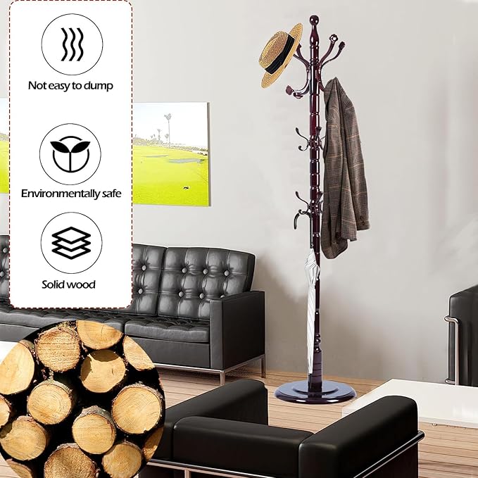 Coat Racks Free Standing with 14 Hooks, Natural Wood Coat Stands for Entryway, Adjustable Height 72 in Tree Coat Rack Stand for Hallway Home Office Bedroom (Mahogany Ruyi)