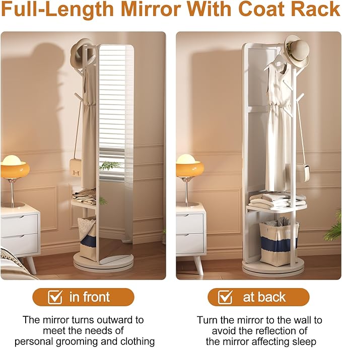 70"x16"Full Length Mirror with Stand,Coat Rack with Mirror,Solid Wood Floor Mirror,Swivel Mirrorfor Bedroom, Living Room, Cloakroom