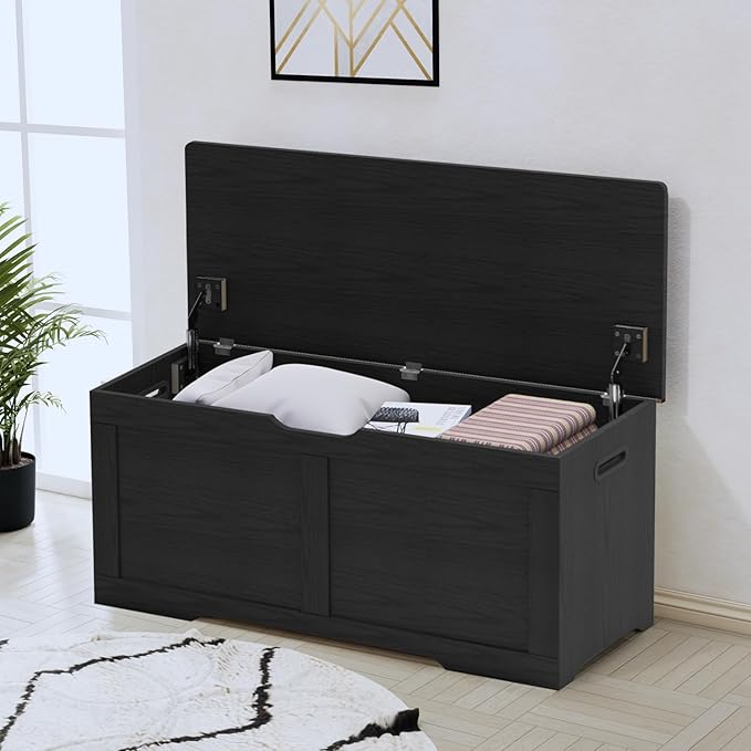39.4" Storage Chest, Wooden Storage Bench, Lift Top Toy Chest with 2 Safety Hinges, Large Toy Box, Entryway Bench for Living Room, Bedroom, Black