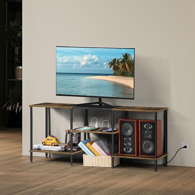 BTY Rustic TV Stand with Storage, 50 inch TV Console Table with Charging Station 3 Tier Small Entertainment Center for Bedroom, Living Room, Brown