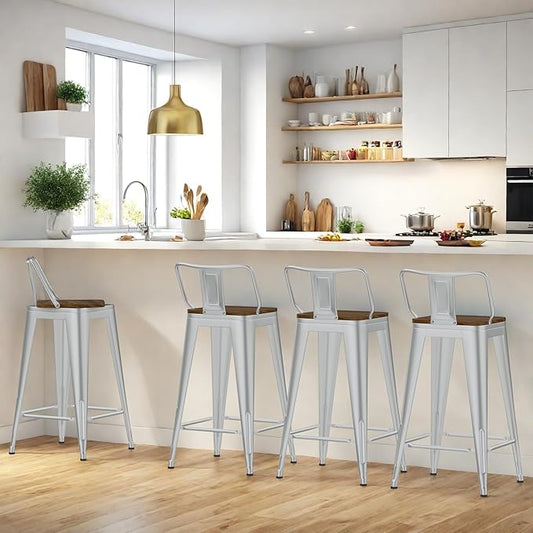 30 Inch Swivel Bar Stools Set of 4, Counter Height Bar Stools with Low Back, Metal Industrial Bar Chairs for Kitchen Island (Silver)
