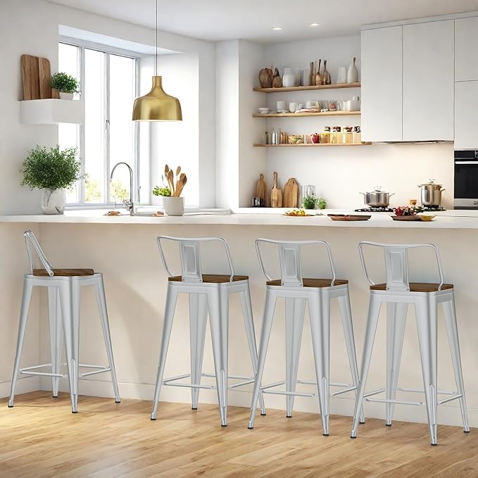26 Inch Swivel Bar Stools Set of 4, Counter Height Bar Stools with Low Back, Metal Industrial Bar Chairs for Kitchen Island (Silver)