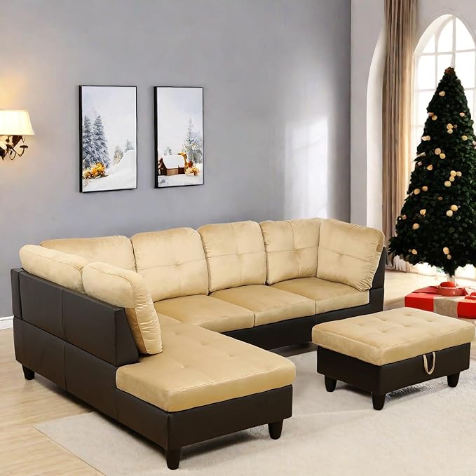 L Shaped Sectional Couch with Otttoman, 103" Sectional Sofa for Living Room Flannel Modular Couches with Cup Holders for Bedroom, Apartments, Beige &Brown