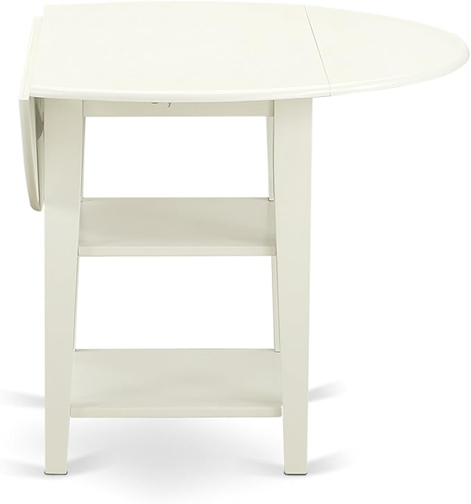 East West Furniture SUDA5-LWH-C 5 Piece Kitchen Table Set for 4 Includes a Round Dining Room Table with Dropleaf & Shelves and 4 Linen Fabric Upholstered Chairs, 42x42 Inch, Linen White