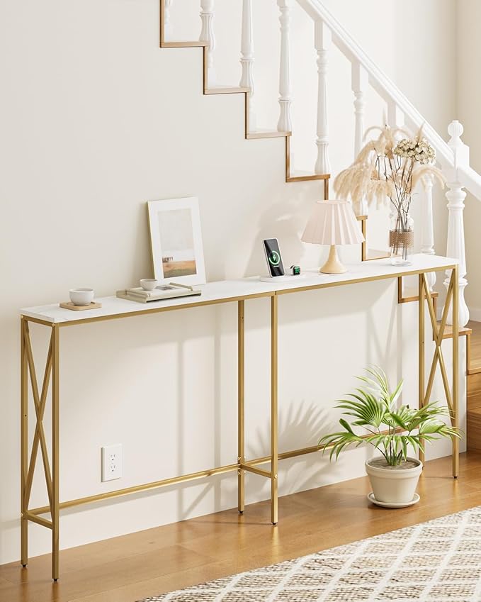 Masupu 70.9" Console Table, Modern Narrow Long Sofa Table Behind Couch, Skinny Entry Table, Industrial Sofa Table with Metal Frame for Hallway, Living Room, Marble White