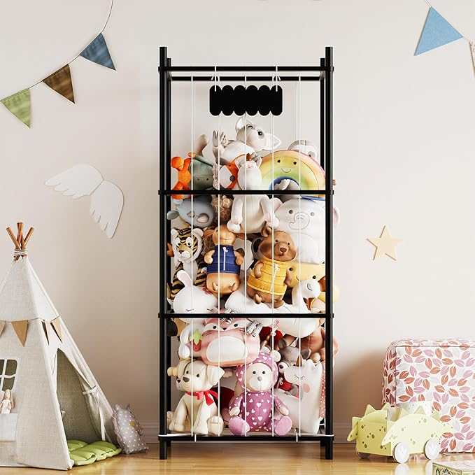 SpaceAid Stuffed Animal Storage Organizer, Wood Animals Zoo Toy Plushies Storage Holder, Large Capacity Plush Toy Cage for Playroom Organization, 22.8" Wide, Black