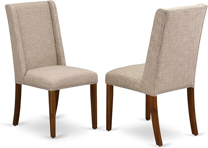 NEFL9-AWA-04-9-Piece Kitchen Set Consists of a Dinner Table and 8 Light Tan Linen Fabric Parson Chairs with Padded Chair Back - Antique Walnut Finish.