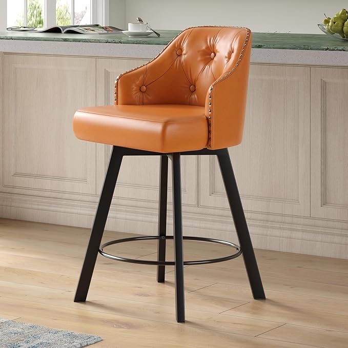 Tatub 26“ Brown Swivel Bar Stools Set of 2, Counter Height Bar Stools with Back, Upholstered Faux Leather Kitchen Barstools Counter Height for Kitchen Island