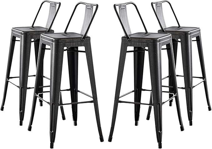 AC Pacific 30” Metal Barstool Set of 4 – Country Rustic Style with Low Back, Lightweight & Sturdy Build, Easy Assembly – Distressed Black