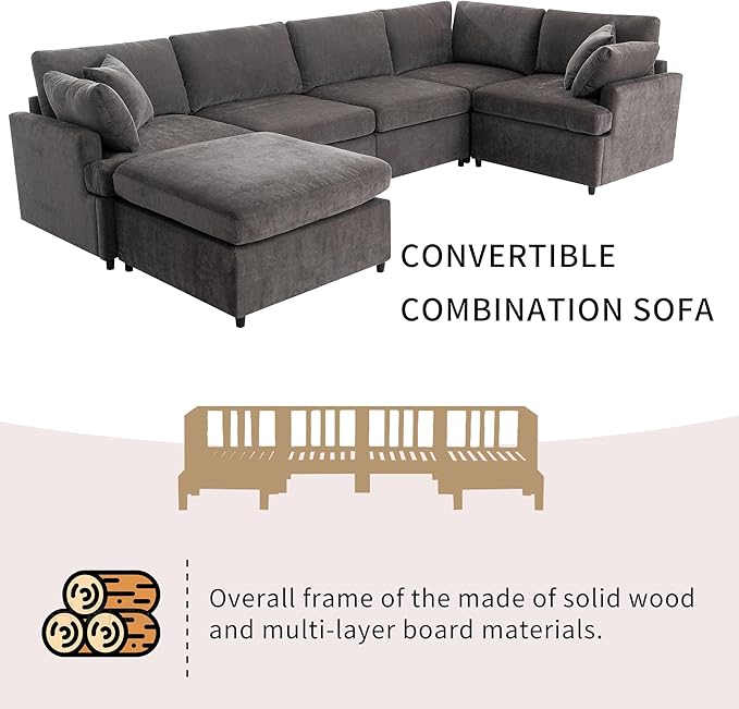 100 Inch U-Shaped Modular Convertible Sectional Sofa with Removable Ottoman and Pillows, Oversized 6 Seater Upholstered Corner Couch for Living Room, Office, Spacious Space, Gray