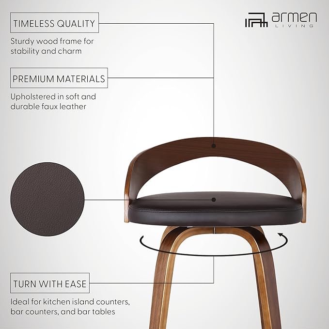 Armen Living Sonia 26" Seat Height Mid Century Modern Swivel Bar Stool for Kitchen Island Counter in Brown Faux Leather and Walnut Wood