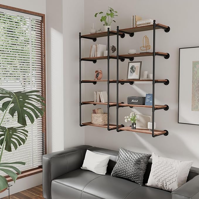 Industrial Pipe Shelf Brackets Wall Mount,Open Black Pipe Shelving for Kitchen,Floating Shelf Brackets Mount,Open Bookshelf Brackets for Shelves,Wall Shelves 12 Inch Deep(2PcsX5Tier,61" Tall)