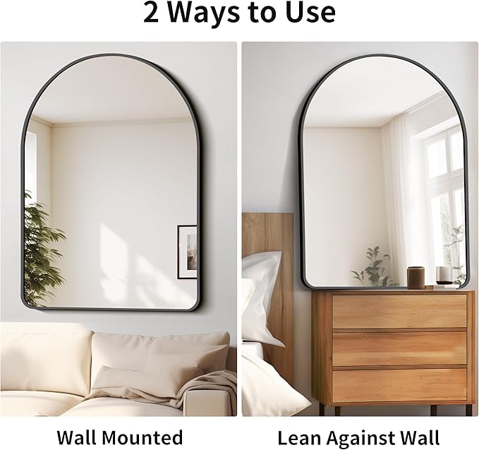 FORBATH Arched Mirror 36x48 Inch, Bathroom Mirror Wall Mounted Modern Black Aluminum Alloy Frame Decor Large Dresser Mirror for Bedroom Living Room Entryway, Hanging or Leaning Against Wall
