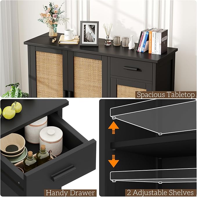Irontar Kitchen Storage Cabinet, Sideboard Buffet Cabinet with Rattan Doors, Farmhouse Console Table with Drawer, Coffee Bar, Accent Table for Kitchen, Living Room, Hallway, Black and Natural CWG010BM