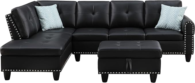 Ball & Cast 98" L Shaped Sectional Couch for Living Room with Chaise & Storage Ottoman,4 Seat Faux Leather Upholstered Modular Sectional Sofa Set 3 PCS W/Cup Holder&Nailhead Trim,for Home,Office,Black