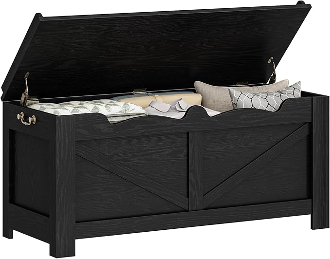 39.4" Storage Bench, Storage Chest, Lift-Top Storage Trunk with 2 Safety Hinges, Wooden Storage Box Chest Organizer for Bedroom, Entryway, Living Room, Black SB04504X