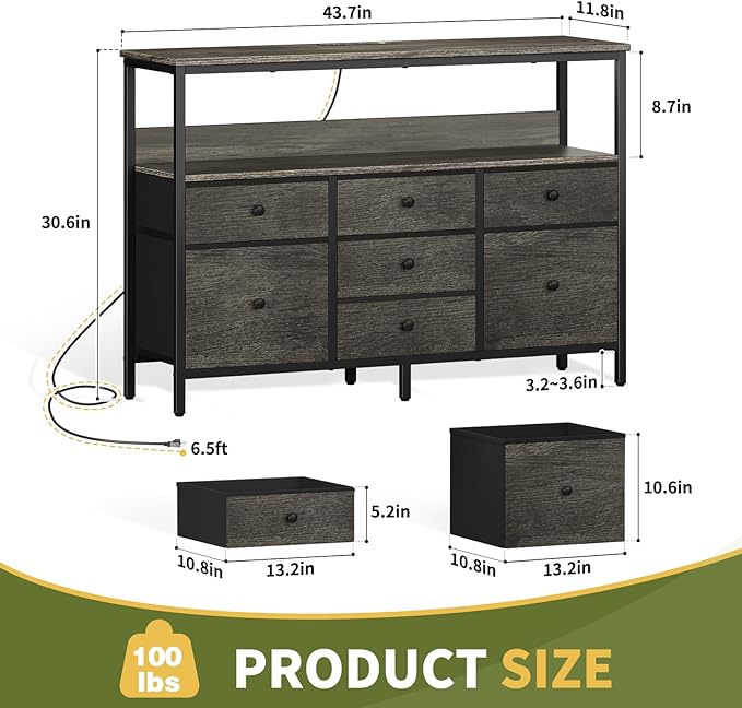 Yoobure LED TV Stand for Bedroom, 50 Inch Kids Dresser with Power Outlets, 7 Drawers Entertainment Center with Storage Shelf, TV Stands Dresser for Bedroom, Living Room, TV Console Entertainment Stand