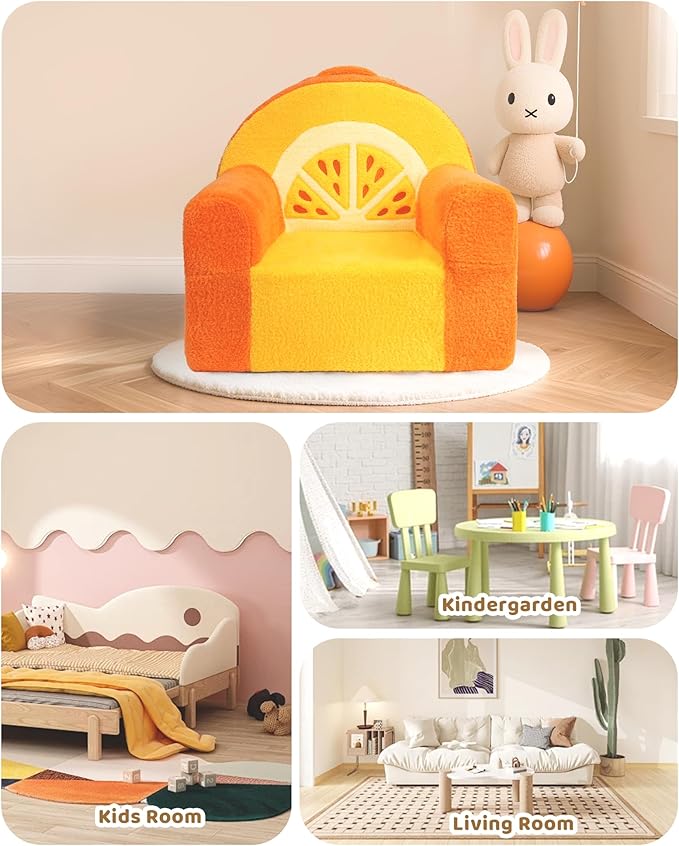 Toddler Chair, Comfy Foam Kids Couch with Soft Velvet Cover, Toddler Couch with Cute Orange Design for Gaming and Studying, Kids Sofa for Boys and Girls