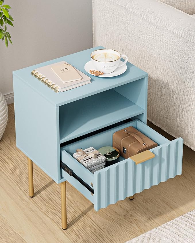 Nightstand,Modern Bedside Table with Gold Frame,Blue Night Stand,Bedside Furniture, Modern Side Table with Drawer and Shelf for Bedroom,Living Room (Blue)