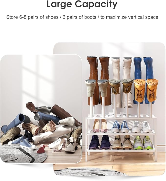 White Boot Rack, Boot Rack Organizer Tall Boots with Shoe Rack for Closet, Bamboo Wood Shoe Shelf Storage Organizer for Entryway