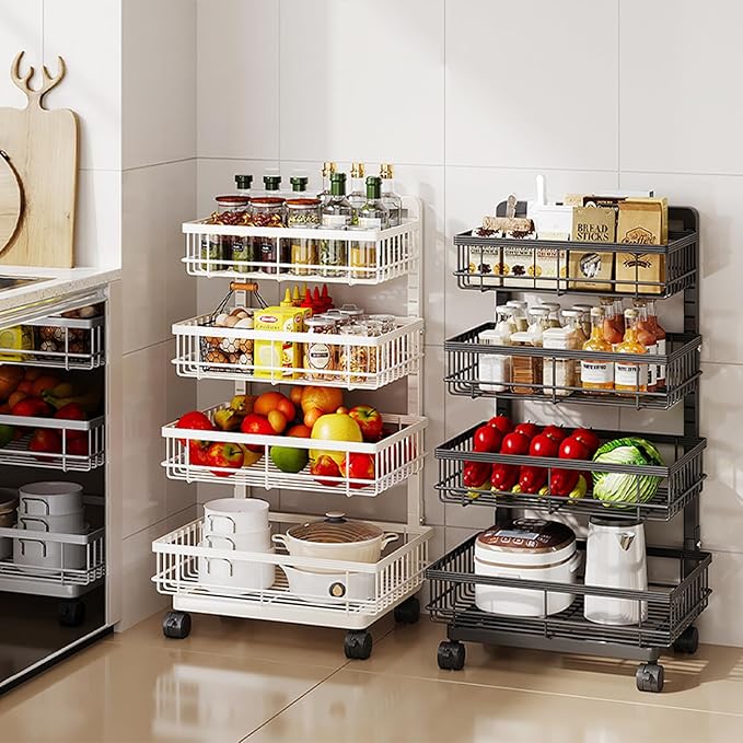 4-Tier Kitchen Storage Cart, Metal Utility Rolling Cart with Wheels, Versatile Rolling Storage Snack Cart, Adjustable Fruit Vegetable Basket Rack for Pantry, Bathroom, Kitchen, Office (Milky White)