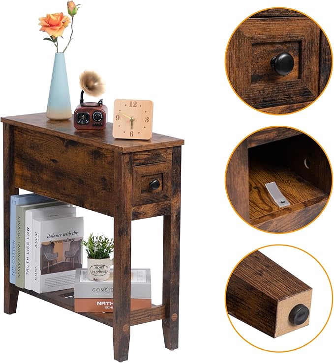 Brown Chairside Narrow End Table, Solid Wood Recliner Side Table with Drawer, Slim Nightstand Bedside Table for Living Room Bedroom