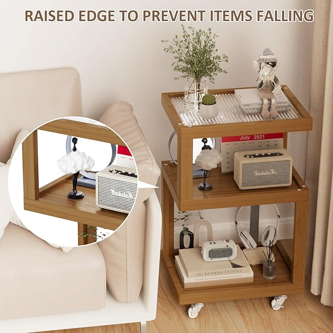 3-Tier Side Table - Walnut Geometric Design with Glass Top & Wheels, Sofa & Bedside Table for Small Spaces, Living Room & Bedroom Modern Minimalist