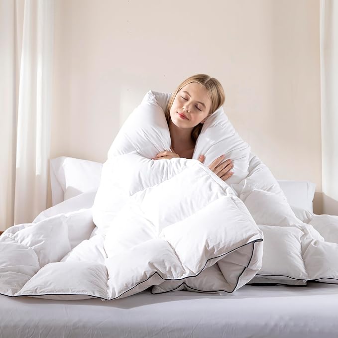 DOWNCOOL Feather Comforter Oversized King Size, Ultra Soft Fluffy Duvet Insert with 100% Cotton Cover, All Season Luxurious Hotel Bedding Comforters with Corner Tabs, White 116"x98"