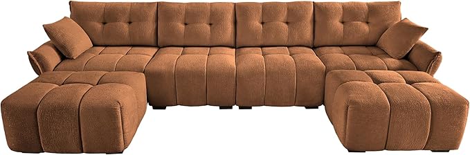 Modern Chenille Fabric 4-Seat Sofa w/Two Ottoman+2 Pillows, Premium Upholstery Living Room Couch with Tufted Backrest & Comfortable Armrests and High-Resilience Memory Foam Cushions,Orange