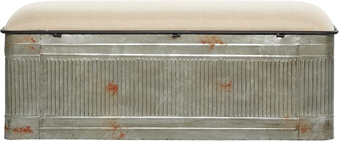 Deco 79 Metal Room Storage Bench Galvanized Entryway Bench with Cream Burlap Top, Bench 50" x 16" x 18", Gray