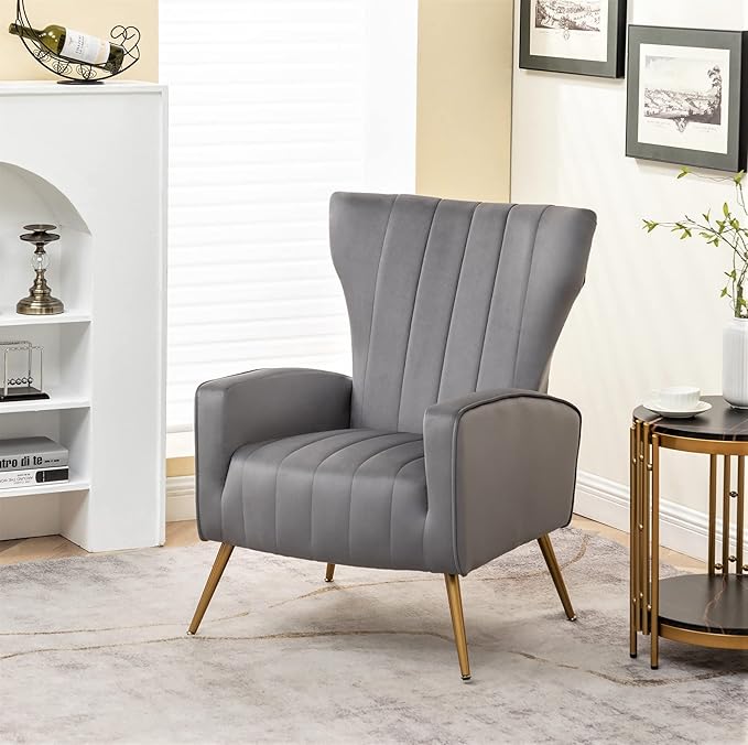 Container Furniture Direct Modern Velvet Accent Chair, Channel Tufted Bedroom, Office or Living Room Furniture with Elegant Metal Legs, 26" Wide Armchair, Grey