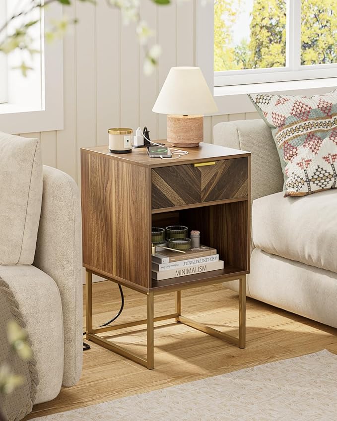Nightstand with Charging Station,Modern Night Stand Boho Farmhouse Wood Bedside Table with Storage Drawer and Open Shelf,Side End Table for Bedroom,Living Room,Walnut