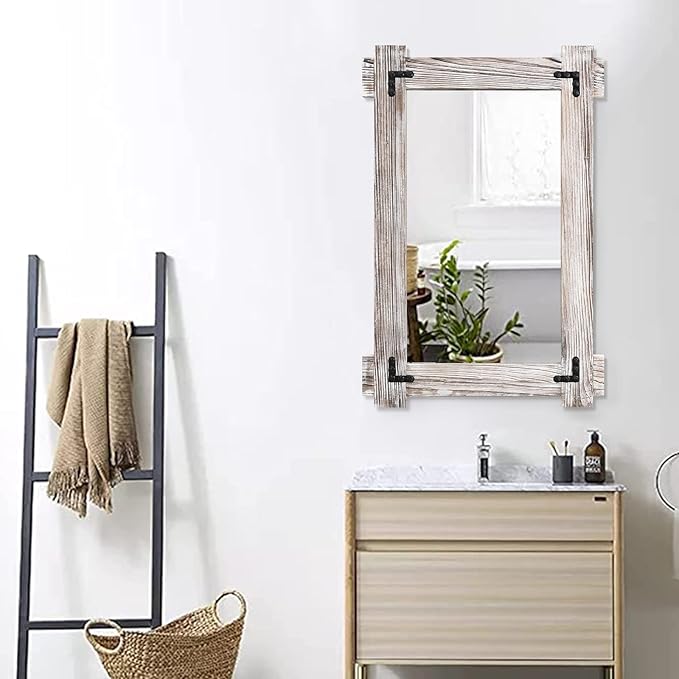 MeMoreCool Rustic Wood Framed Bathroom Mirror, Decorative Farmhouse Vanity Mirror, Wall Mounted Rectangular Mirror for Bedroom, Living Room, or Bathroom, Small 20x30 Inch, White