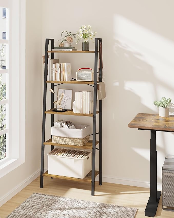 Ladder Shelf, Bookshelf Bookcase, Freestanding Corner Storage Shelve with 2 Hooks for Home Office, Living Room, Kitchen, Bedroom, Industrial, 5-Tier Rustic Brown BC19301B