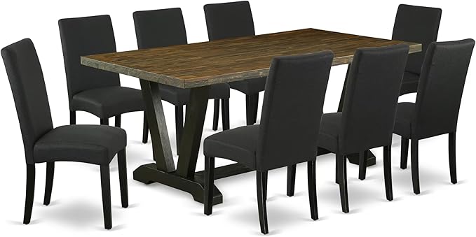 East West Furniture V677DR124-9 9 Piece Dining Set Includes a Rectangle Dining Room Table with V-Legs and 8 Black Color Linen Fabric Upholstered Parson Chairs, 40x72 Inch, Multi-Color