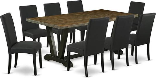 East West Furniture V677DR124-9 9 Piece Dining Set Includes a Rectangle Dining Room Table with V-Legs and 8 Black Color Linen Fabric Upholstered Parson Chairs, 40x72 Inch, Multi-Color